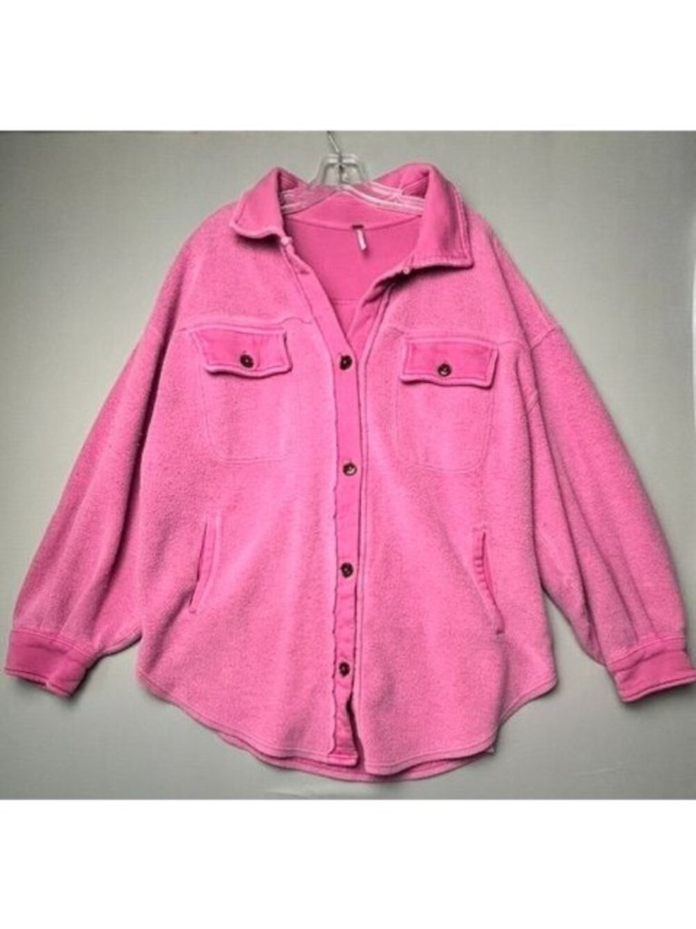 Free People Pink Fleece Shacket Jacket Large Oversized Button Front Utility